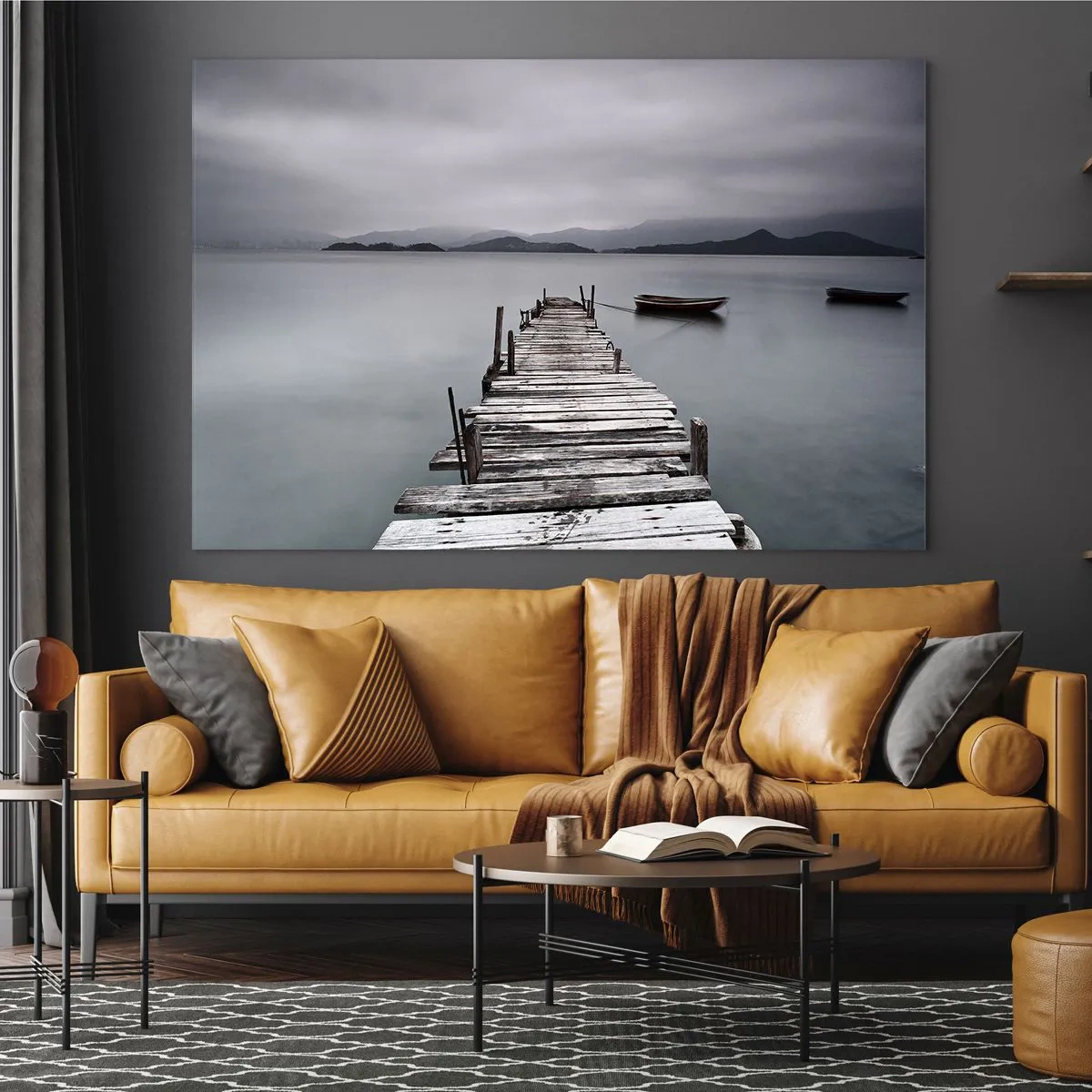 Tablou pe sticlă - Un dig de lemn pe un lac într-o zi cețoasă - 70x50cm - Poți pleca mâine - Decorațiune modernă pentru perete pentru living și dormitor ARTTOR