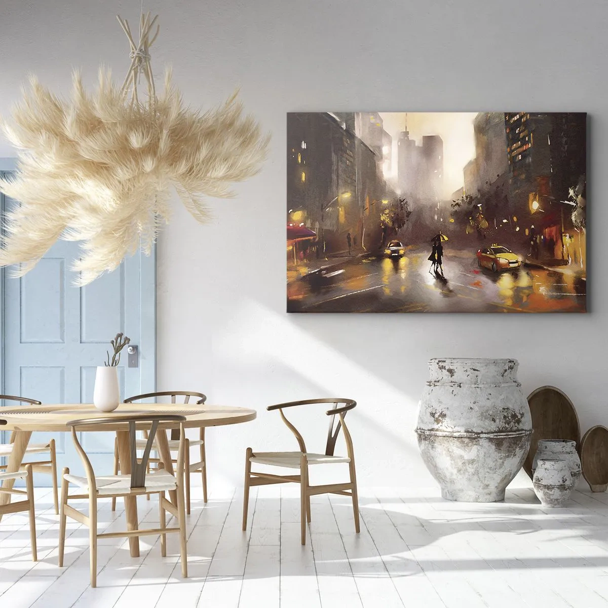 Tablou pe pânză Canvas - O scenă urbană noaptea, în lumina felinarelor și a reflexiilor pe o stradă udă. - 70x50cm - În luminile New York-ului - Decorațiune modernă pentru perete pentru living și dormitor ARTTOR
