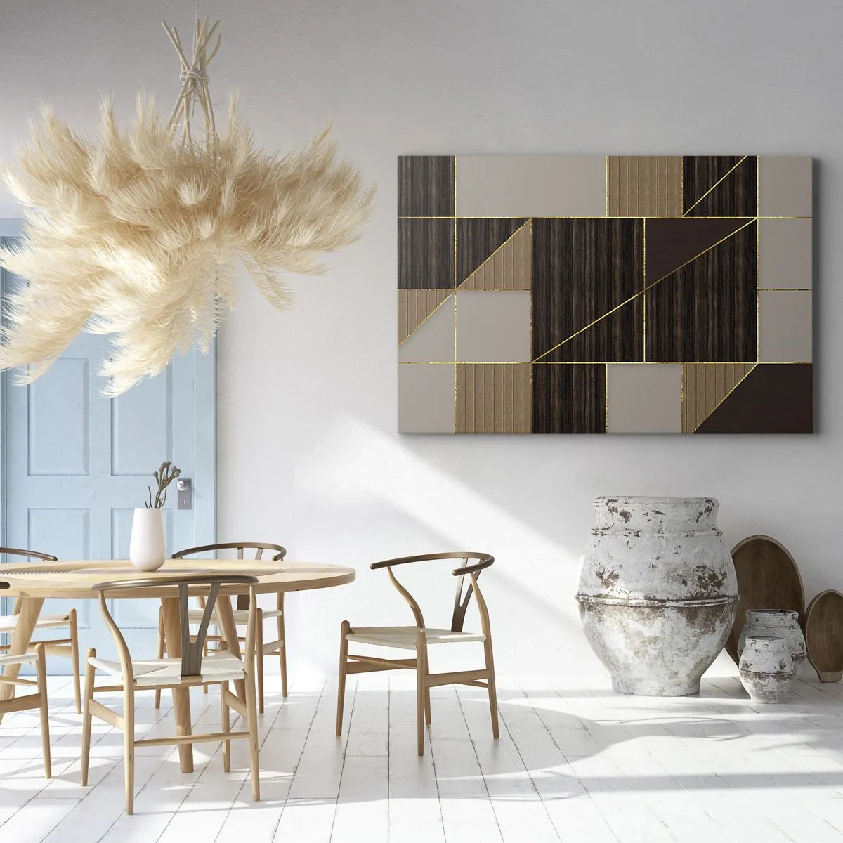 Tablou pe pânză Canvas - Modele geometrice în nuanțe de maro cu linii aurii - 70x50cm - Un mozaic de maro și auriu - Decorațiune modernă pentru perete pentru living și dormitor ARTTOR