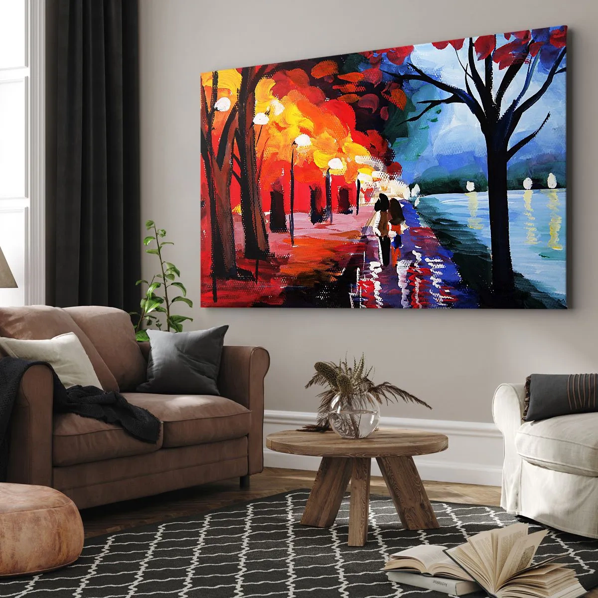 Tablou pe pânză Canvas - O plimbare de toamnă de-a lungul cărării cu vedere la apă - 70x50cm - Toamnă înflăcărată în parc - Decorațiune modernă pentru perete pentru living și dormitor ARTTOR