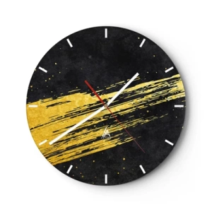 Ceas de perete - Ceas pe sticlă - Tușă de pensulă dinamică aurie pe fundal negru - 30x30cm - Salt în hiperspațiu - Decorațiune modernă pentru perete pentru living, bucătărie și dormitor ARTTOR