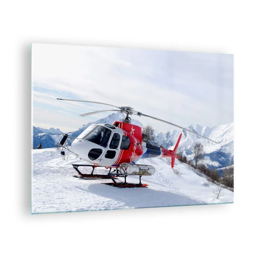 Tablou pe sticlă - Un elicopter roșu într-un peisaj montan de iarnă - 70x50cm - Întotdeauna gata - Decorațiune modernă pentru perete pentru living și dormitor ARTTOR