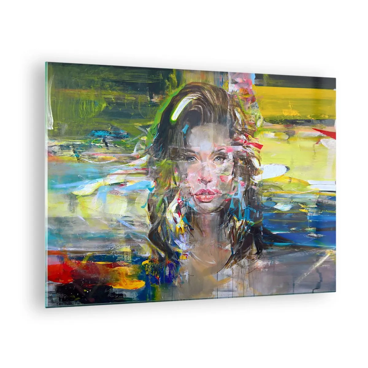 Tablou pe sticlă - Portret abstract al unei femei cu un fundal dinamic - 70x50cm - În spatele cortinei de aer - Decorațiune modernă pentru perete pentru living și dormitor ARTTOR