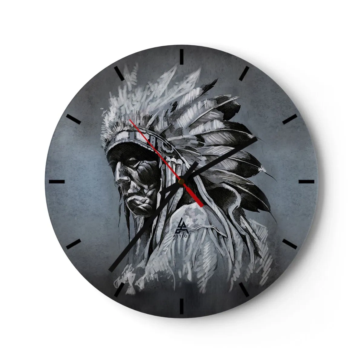 Ceas de perete - Ceas pe sticlă - Portretul unui războinic într-o coafură cu pene pe un fundal gri - 30x30cm - Înapoi la rădăcini - Decorațiune modernă pentru perete pentru living, bucătărie și dormitor ARTTOR