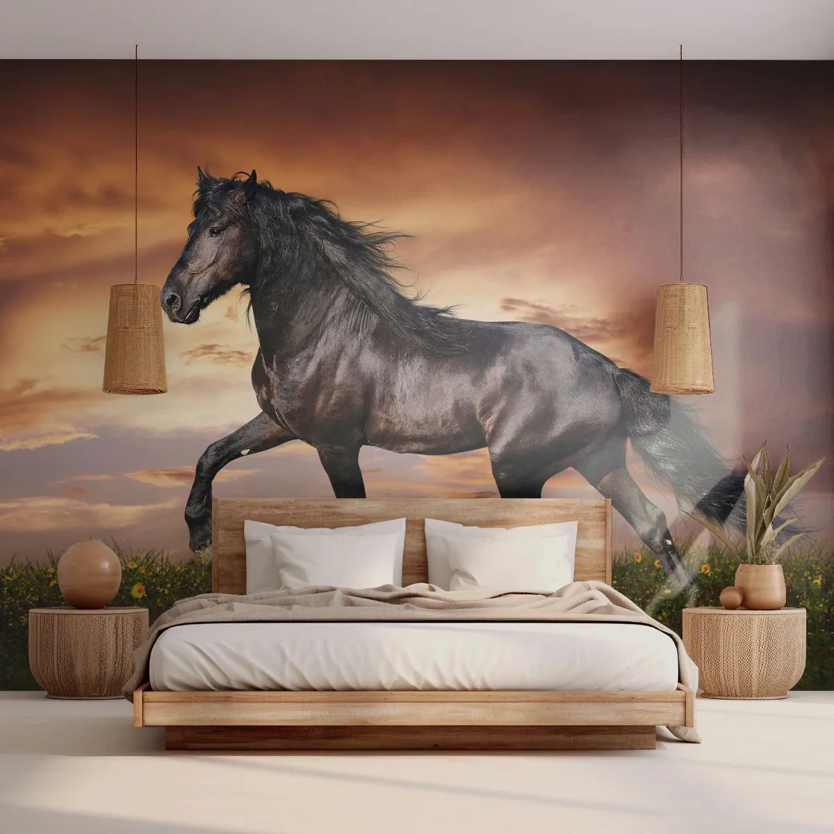 Tapet Premium Canvas - Prințul negru - Animale, cal arab, Peisaj - 250x175 cm