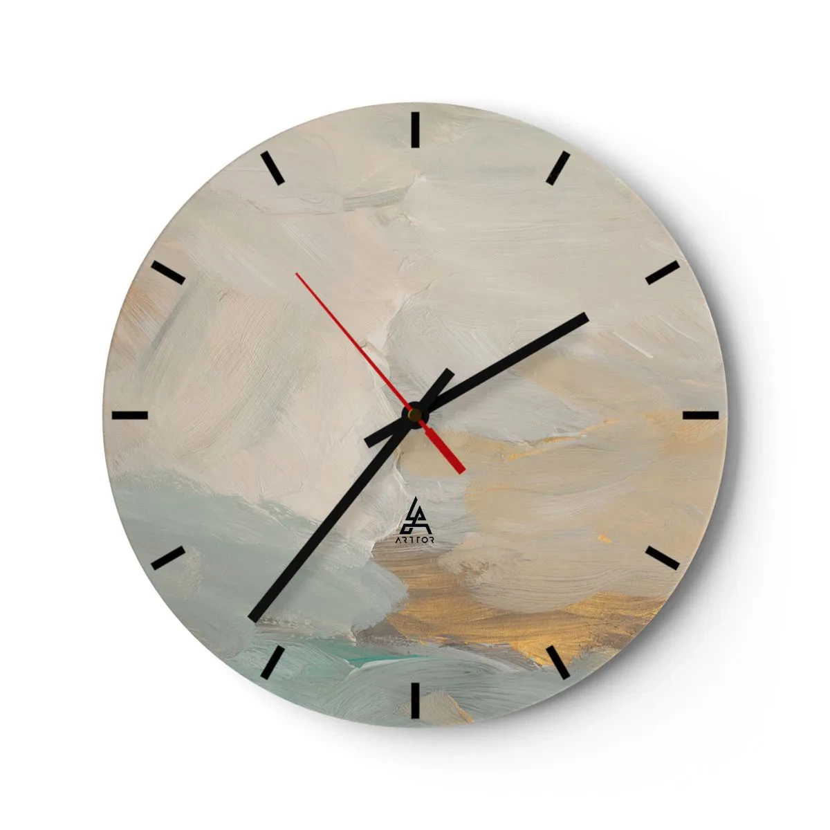 Ceas de perete - Ceas pe sticlă - Tușe delicate de pensulă în bej, albastru și auriu - 30x30cm - Abstracție - lumea blândeții - Decorațiune modernă pentru perete pentru living, bucătărie și dormitor ARTTOR
