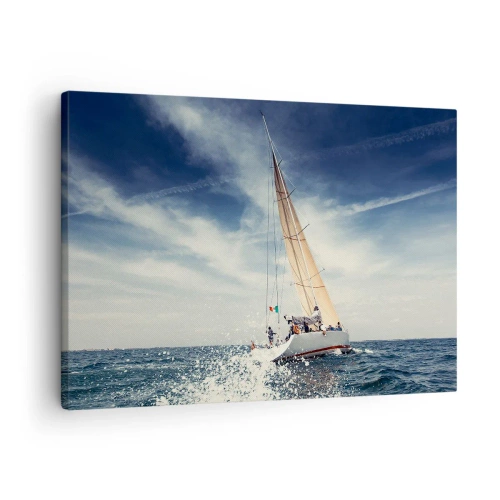 Tablou pe pânză Canvas - O barcă cu pânze pe o mare furtunoasă sub un cer albastru - 70x50cm - Nu ne vor prinde din urmă! - Decorațiune modernă pentru perete pentru living și dormitor ARTTOR