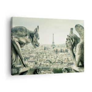 Tablou pe pânză Canvas - Garguie cu vedere la orizontul Parisului și la Turnul Eiffel - 70x50cm - La taclale pariziene - Decorațiune modernă pentru perete pentru living și dormitor ARTTOR