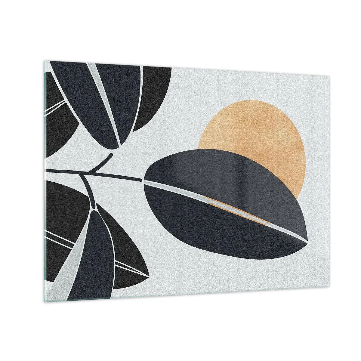 Tablou pe sticlă - Frunze stilizate în negru cu un soare portocaliu în fundal - 70x50cm - Ziua unei veri fierbinți - Decorațiune modernă pentru perete pentru living și dormitor ARTTOR