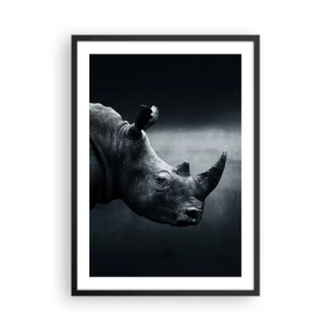 Poster în ramă neagră - Portret alb-negru al unui rinocer pe un fundal întunecat - 50x70cm - Profil drept - Decorațiune modernă pentru perete pentru living și dormitor ARTTOR