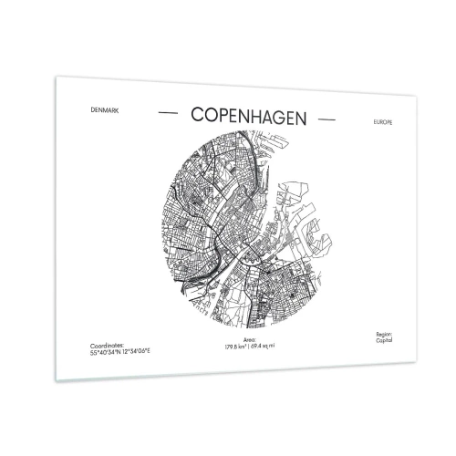 Tablou pe sticlă - O hartă a Copenhaga sub forma unei schițe grafice a străzii - 70x50cm - Anatomia Copenhagăi - Decorațiune modernă pentru perete pentru living și dormitor ARTTOR