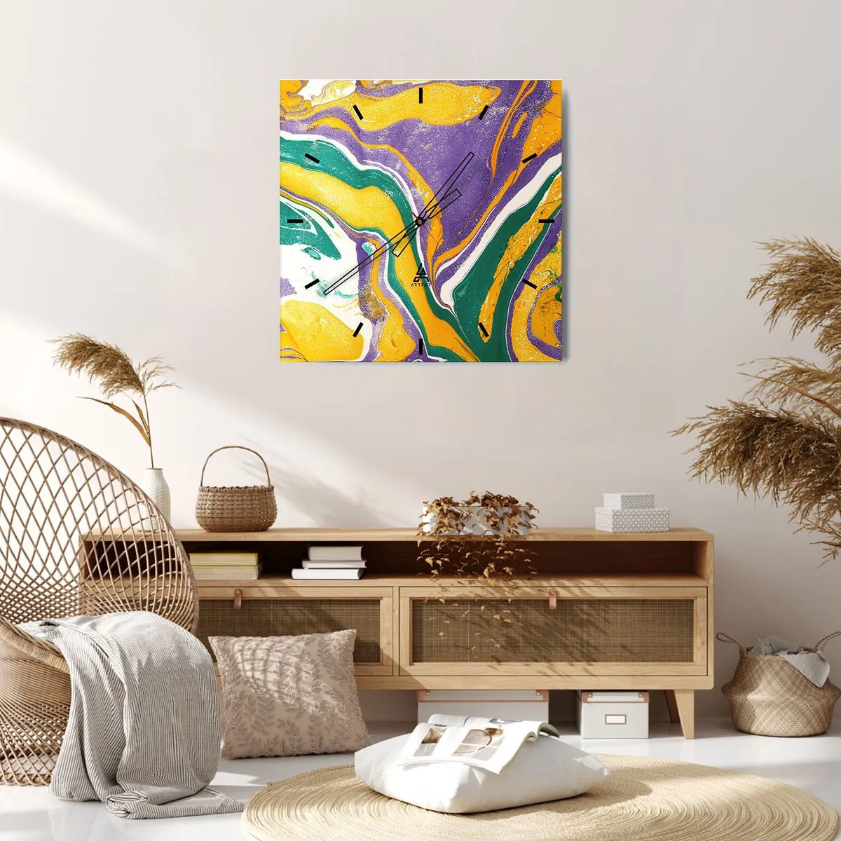 Ceas de perete - Ceas pe sticlă - Valuri de culoare - 40x40 cm