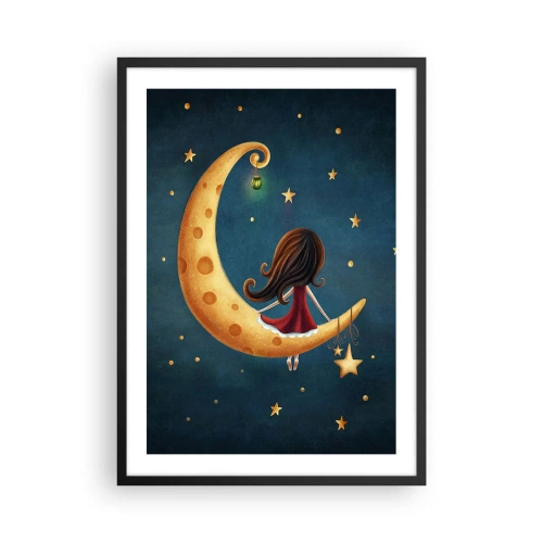 Poster în ramă neagră - O fată pe Lună înconjurată de stele și un felinar - 50x70cm - A fost odată ca niciodată... - Decorațiune modernă pentru perete pentru living și dormitor ARTTOR