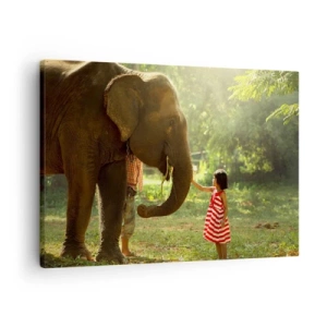 Tablou pe pânză Canvas - O fată într-o rochie roșie atingând un elefant în pădure. - 70x50cm - Puterea prieteniei - Decorațiune modernă pentru perete pentru living și dormitor ARTTOR