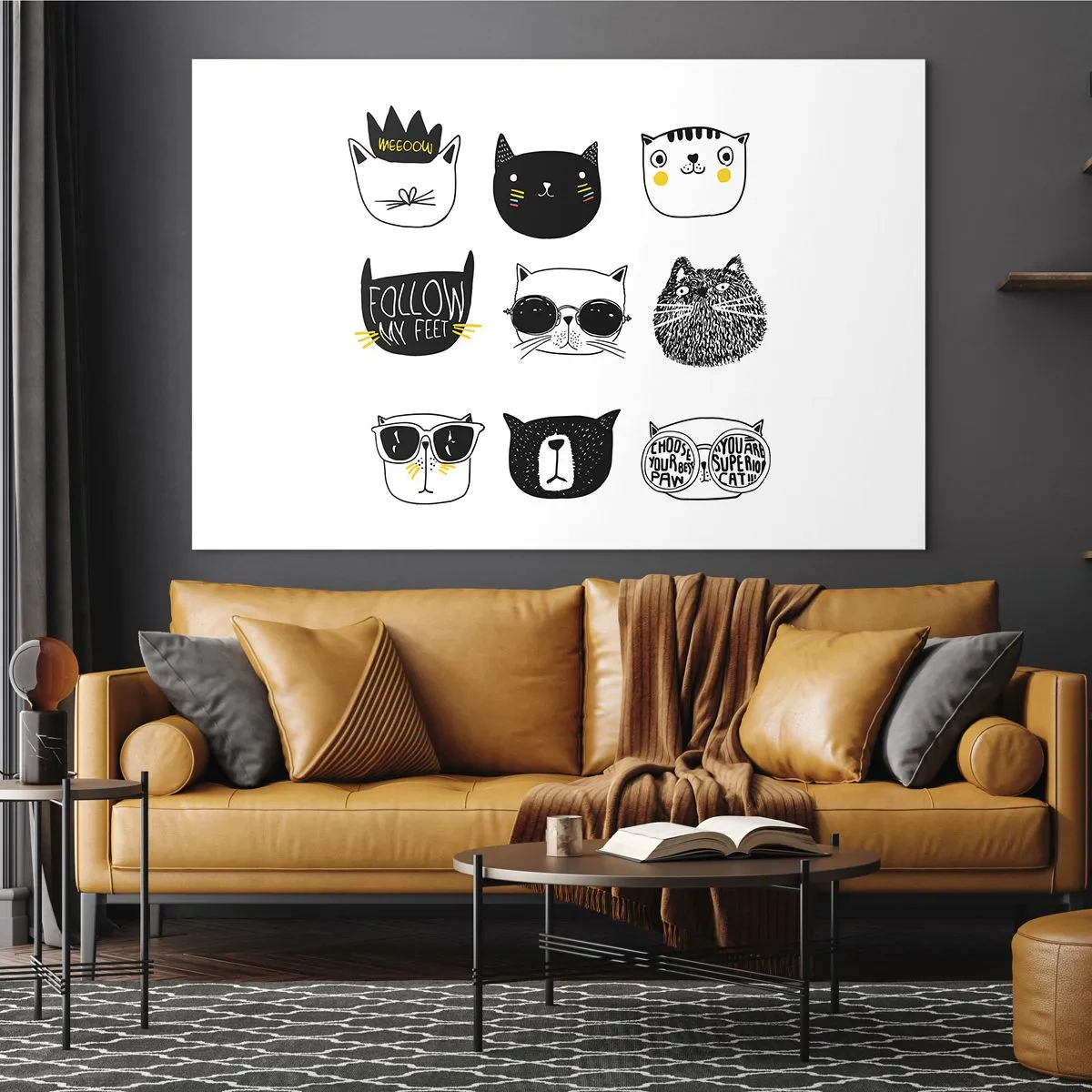 Tablou pe sticlă - Ilustrații cu pisici adorabile într-un stil minimalist - 70x50cm - Fiecare este diferit - Decorațiune modernă pentru perete pentru living și dormitor ARTTOR