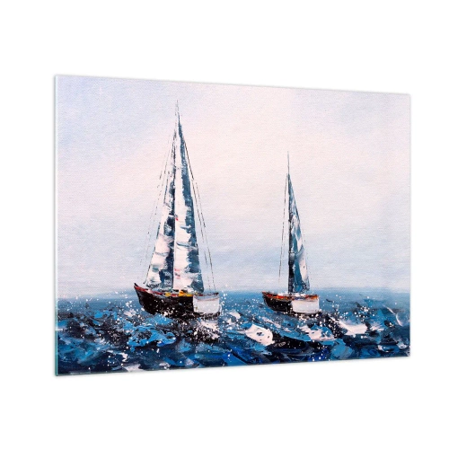 Tablou pe sticlă - Două iahturi pe o mare furtunoasă, într-un stil pictural impresionist. - 70x50cm - Frăția vântului - Decorațiune modernă pentru perete pentru living și dormitor ARTTOR