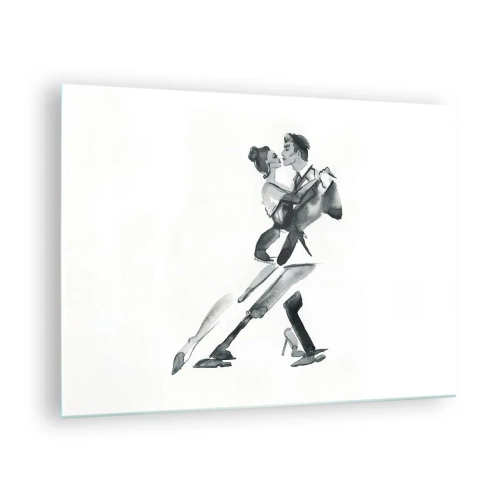 Tablou pe sticlă - Un cuplu dansând tango în acuarelă alb-negru - 70x50cm - Într-un ritm - Decorațiune modernă pentru perete pentru living și dormitor ARTTOR