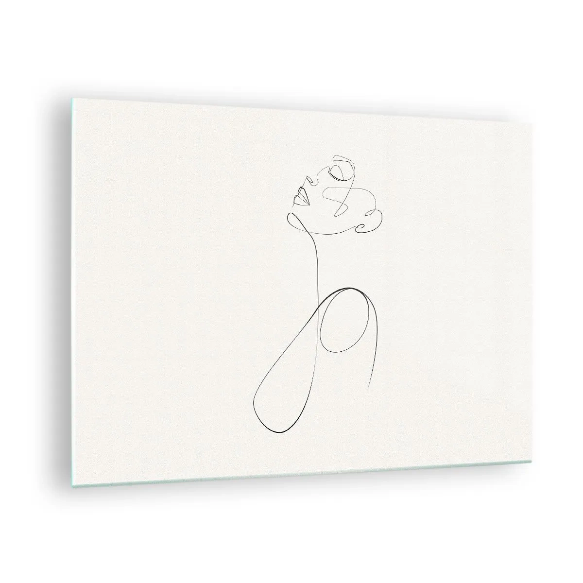 Tablou pe sticlă - Față și siluetă feminină în stil artistic liniar pe fundal alb - 70x50cm - Încâlcită în vise - Decorațiune modernă pentru perete pentru living și dormitor ARTTOR