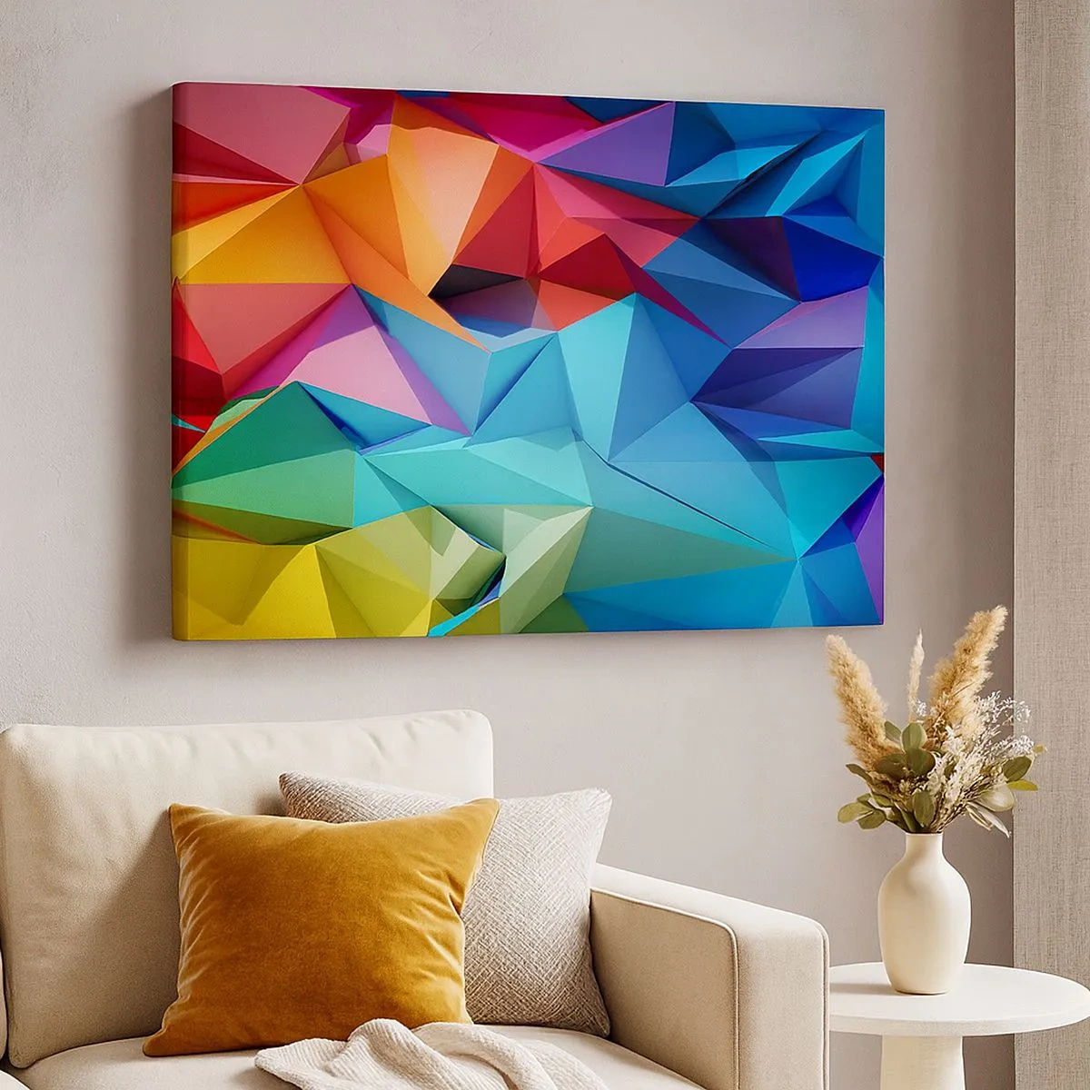 Tablou pe pânză Canvas - Abstracție geometrică colorată în culori vii - 70x50cm - Origami de curcubeu - Decorațiune modernă pentru perete pentru living și dormitor ARTTOR