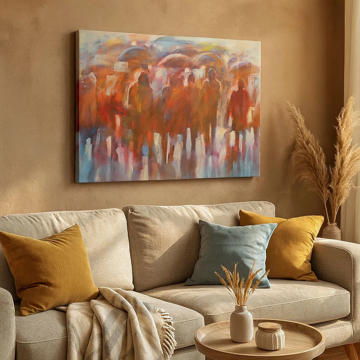 Tablou pe pânză Canvas - O mulțime de oameni cu umbrele într-un decor artistic ploios - 70x50cm - Egali în ploaie și ceață - Decorațiune modernă pentru perete pentru living și dormitor ARTTOR