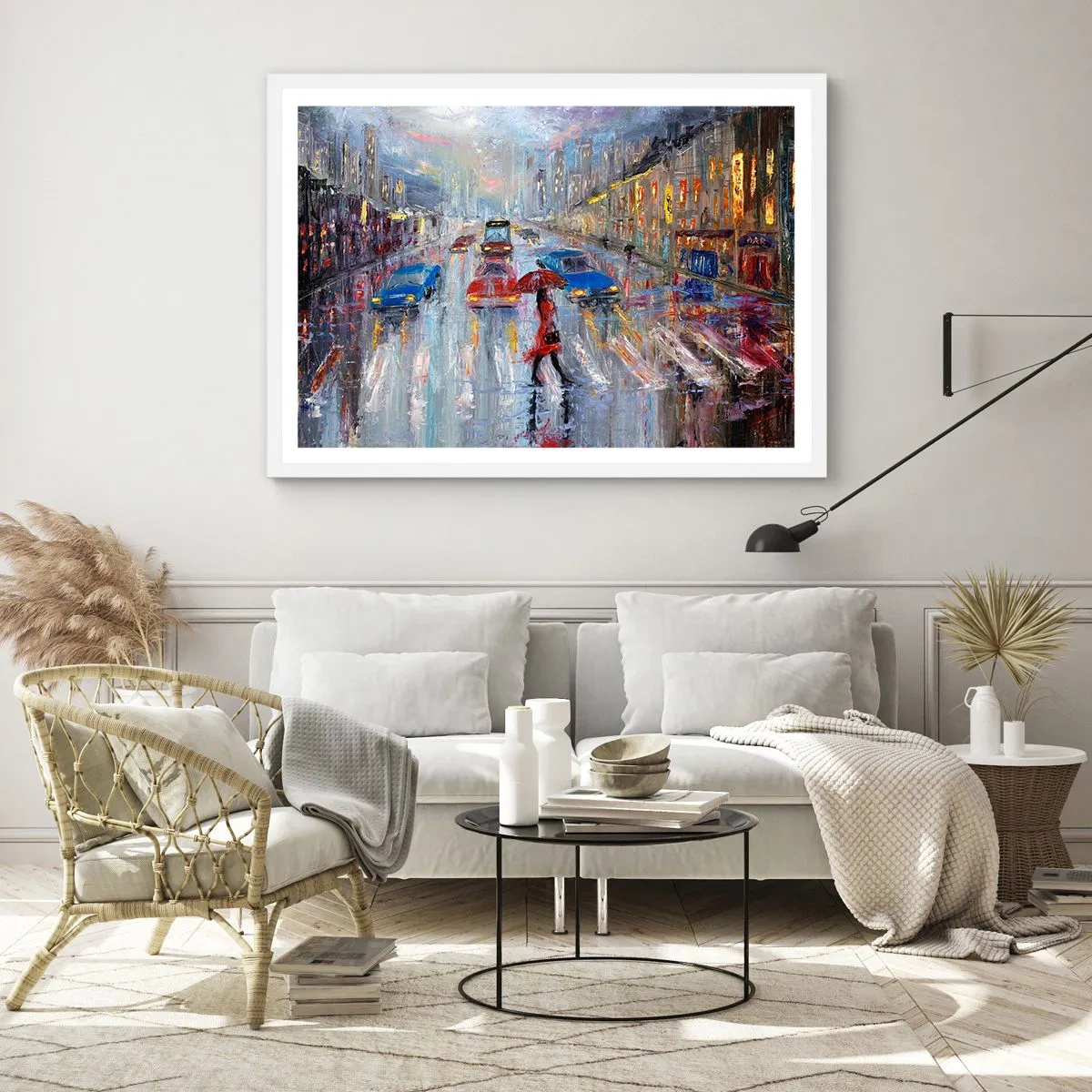 Poster în ramă albă - O după-amiază ploioasă în oraș - 100x70 cm