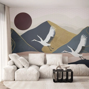Tapet Standard Eco - Macarale stilizate pe fundalul munților și al unui soare roșu - 100x70cm - Și ziua a zburat din nou - Decorațiune modernă pentru perete pentru living și dormitor ARTTOR