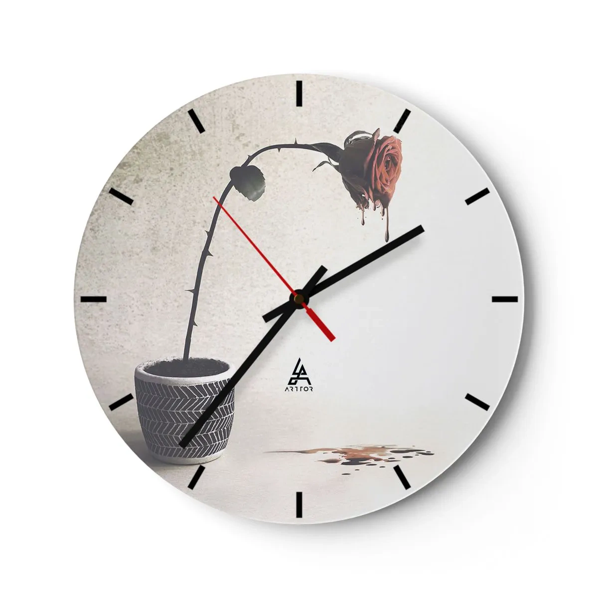 Ceas de perete - Ceas pe sticlă - Trandafir suprarealist cu efect de topire - 30x30cm - Rosa dolorosa - Decorațiune modernă pentru perete pentru living, bucătărie și dormitor ARTTOR