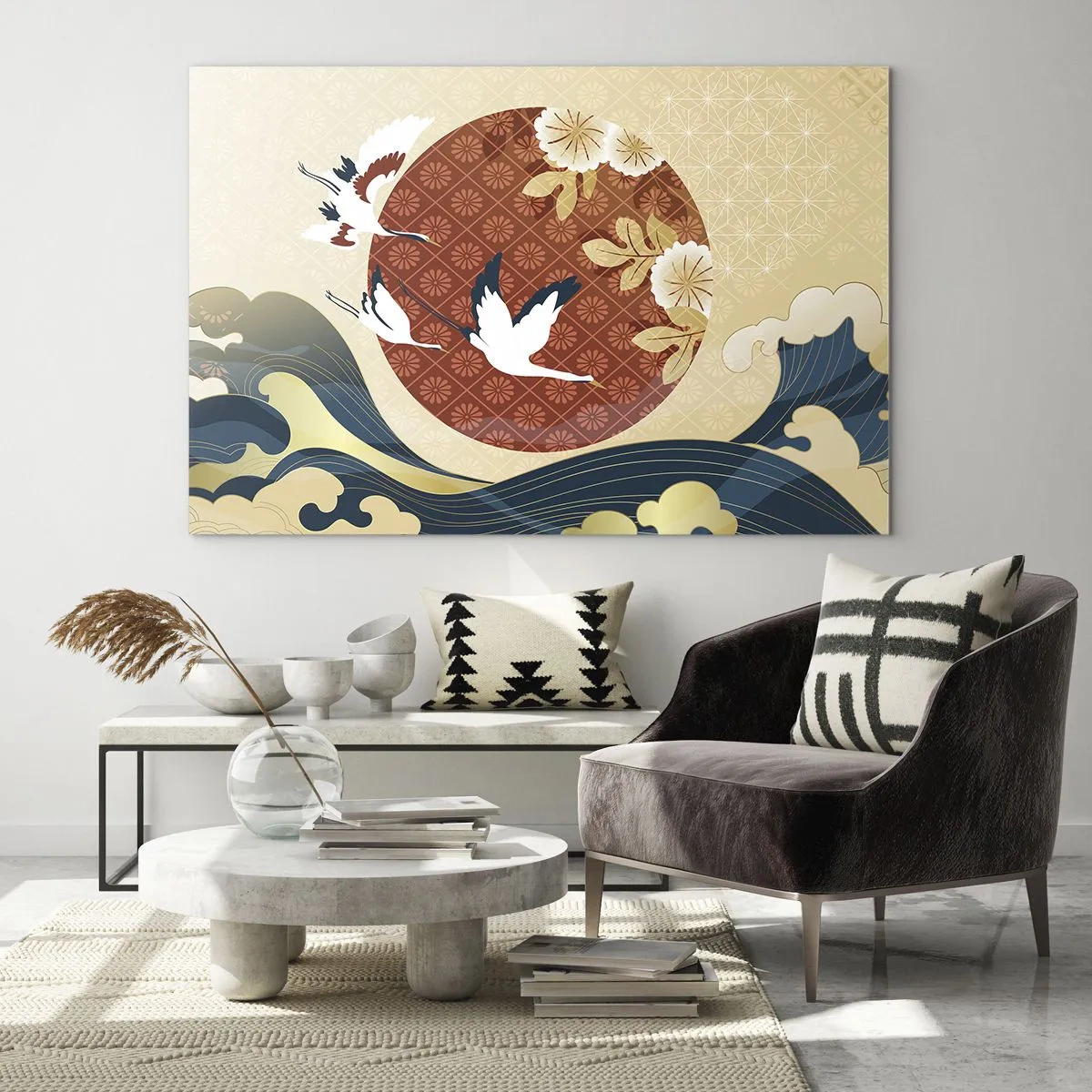 Tablou pe sticlă - Macarale japoneze peste valuri pe fundalul unui cerc roșu - 70x50cm - O fabulă japoneză - Decorațiune modernă pentru perete pentru living și dormitor ARTTOR