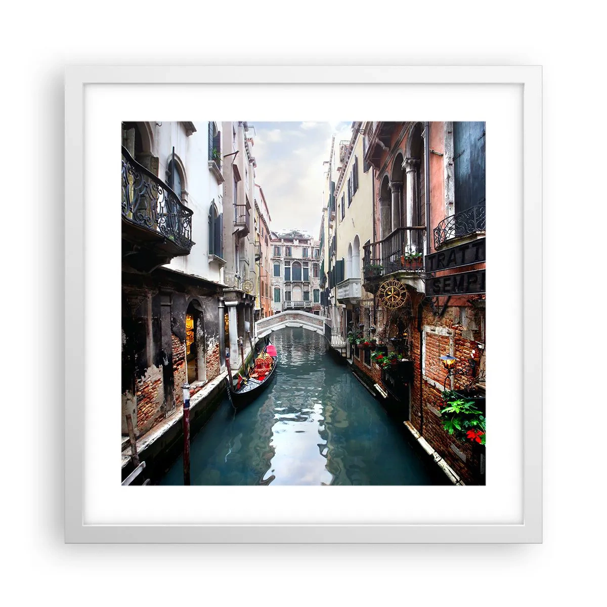 Poster în ramă albă - Peisaj venețian cu gondolă și pod - 40x40 cm