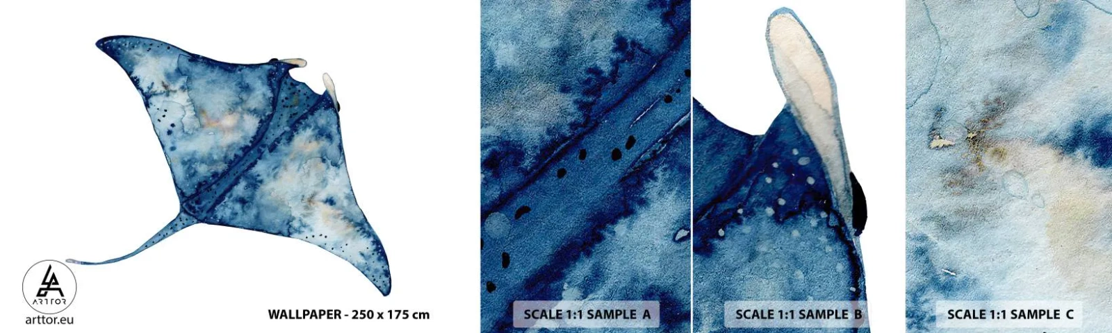 Mostră tapet autocolant Deluxe Sticker - Viața în albastru - Stingray, Peşte, Stil de litoral - 100x30 cm