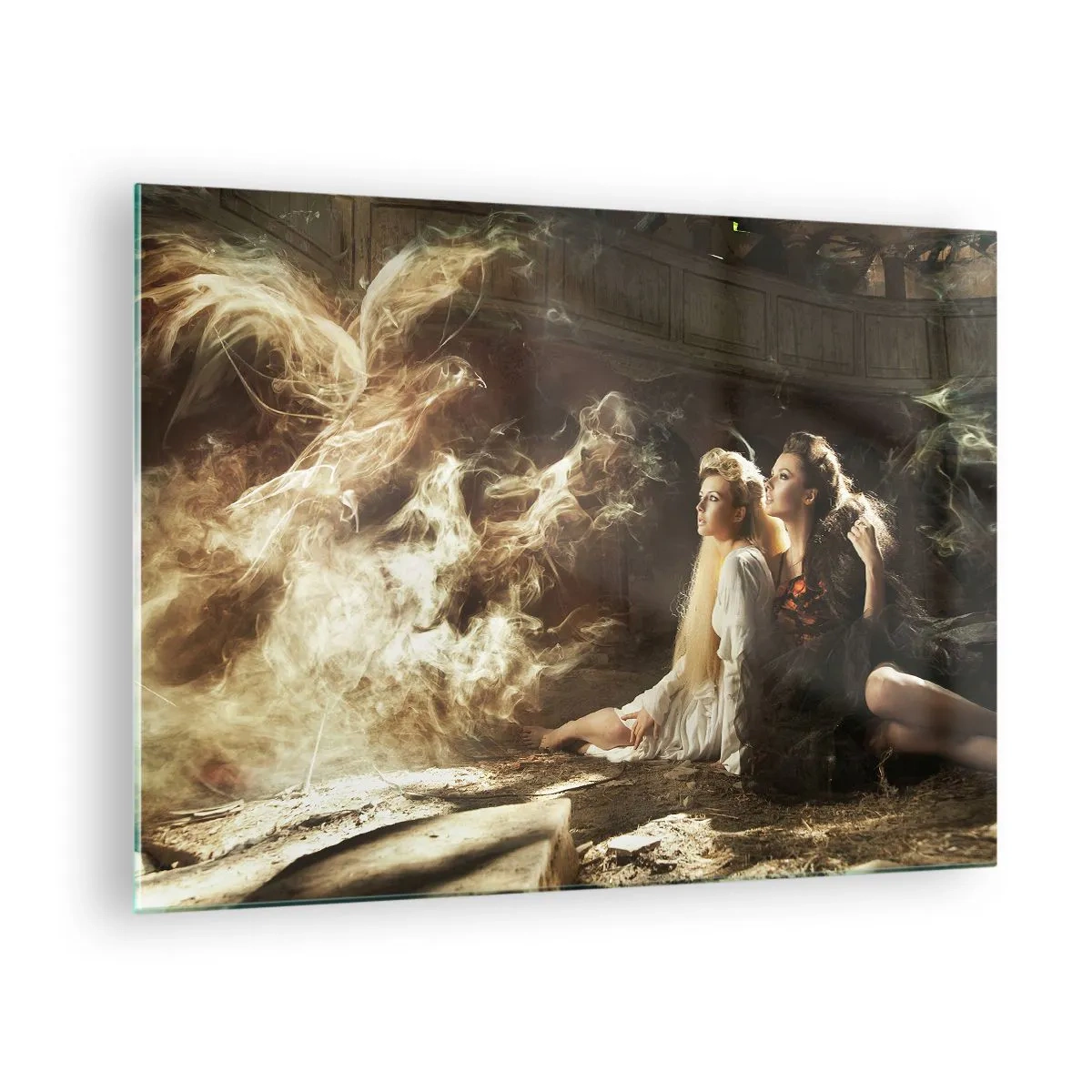 Tablou pe sticlă - Două femei cu o pasăre phoenix înflăcărată într-un cadru magic - 70x50cm - Și poezia s-a născut - Decorațiune modernă pentru perete pentru living și dormitor ARTTOR