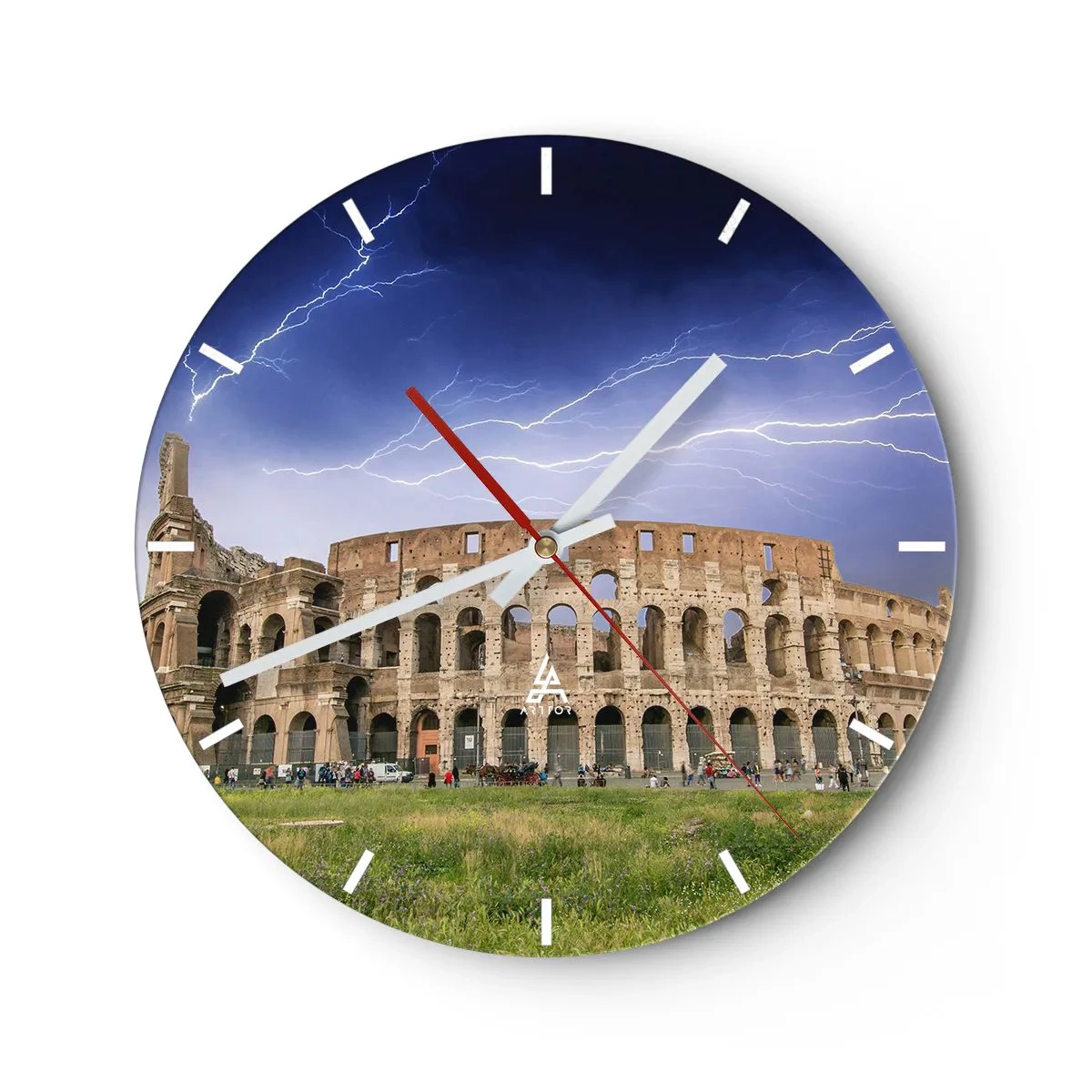 Ceas de perete - Ceas pe sticlă - Colosseumul iluminat de fulgere pe un cer întunecat - 30x30cm - Arena de luptă - Decorațiune modernă pentru perete pentru living, bucătărie și dormitor ARTTOR