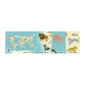 Mostră tapet autocolant Deluxe Sticker - Vecini buni - Harta lumii, Harta cu animale, Animale - 100x30 cm
