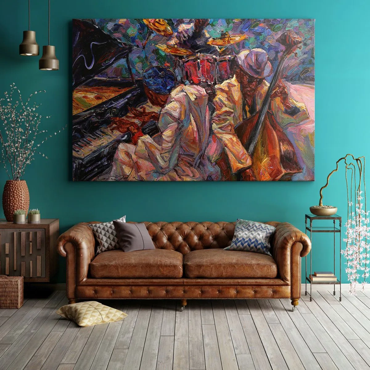 Tablou pe pânză Canvas - Scenă de jazz energică cu muzicieni și instrumente - 70x50cm - Într-un ritm - Decorațiune modernă pentru perete pentru living și dormitor ARTTOR
