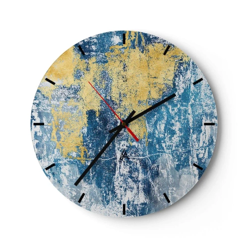 Ceas de perete - Ceas pe sticlă - Textură cu accente albastre și aurii - 30x30cm - Abstracție de vreme - Decorațiune modernă pentru perete pentru living, bucătărie și dormitor ARTTOR
