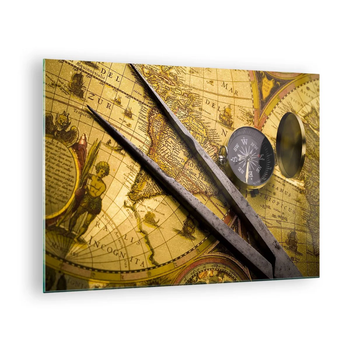 Tablou pe sticlă - Hartă veche cu busolă și busolă - 70x50cm - Unde sunt aceste comori? - Decorațiune modernă pentru perete pentru living și dormitor ARTTOR