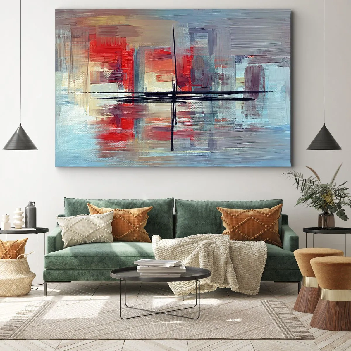 Tablou pe pânză Canvas - O compoziție abstractă cu culori intense, linii și forme geometrice. - 70x50cm - Peisaj dintr-o dimensiune necunoscută - Decorațiune modernă pentru perete pentru living și dormitor ARTTOR