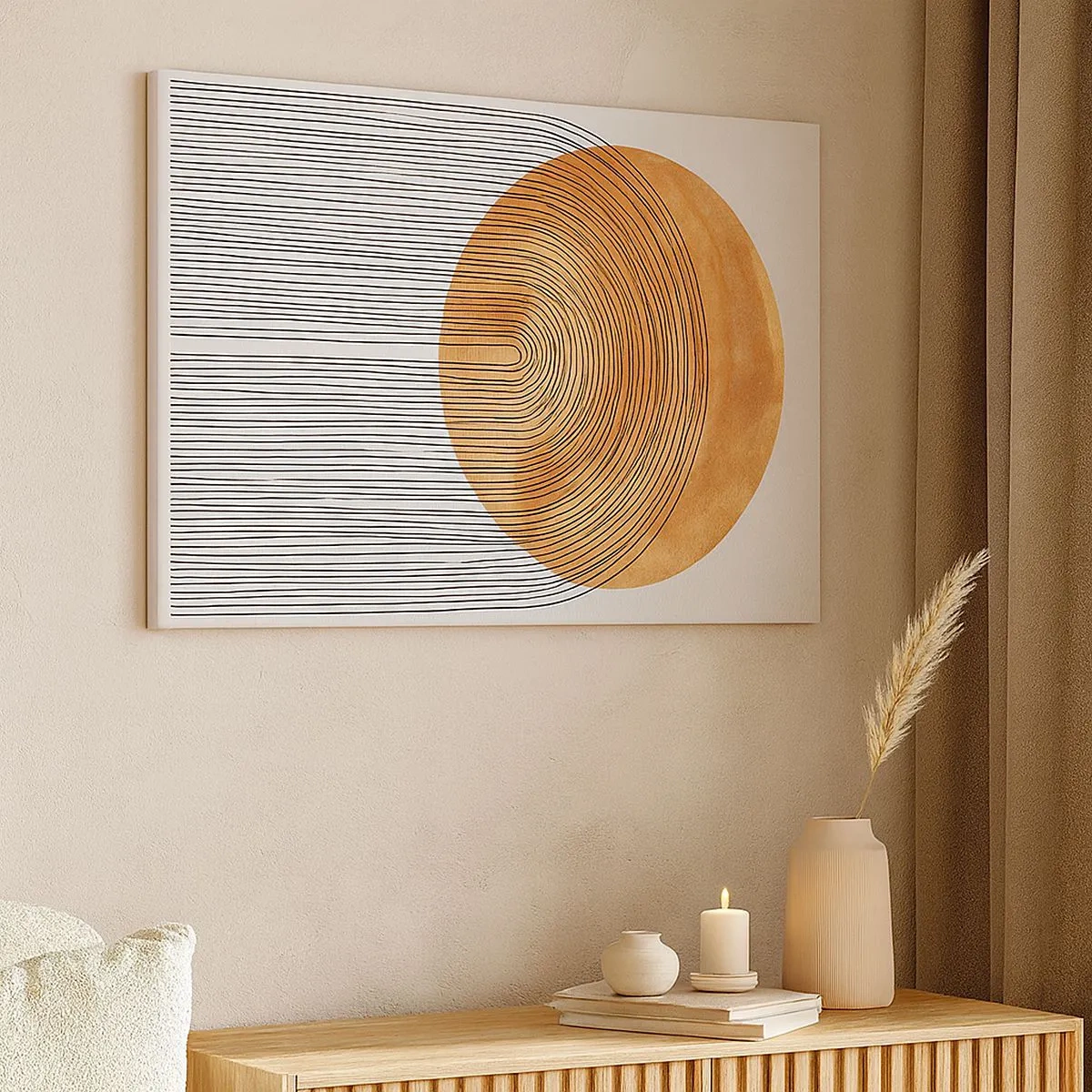 Tablou pe pânză Canvas - Compoziție geometrică cu cercuri și linii în culori calde. - 70x50cm - Compoziția solară - Decorațiune modernă pentru perete pentru living și dormitor ARTTOR
