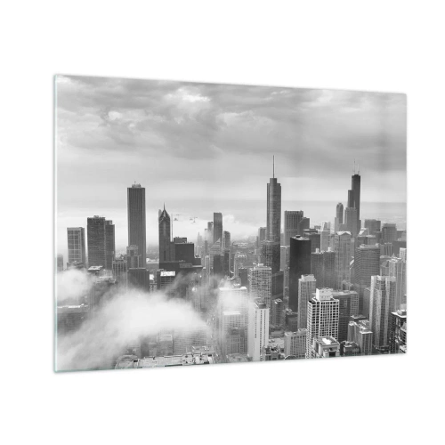 Tablou pe sticlă - Panoramă a orașului cu zgârie-nori în alb și negru - 70x50cm - Peisaj american - Decorațiune modernă pentru perete pentru living și dormitor ARTTOR