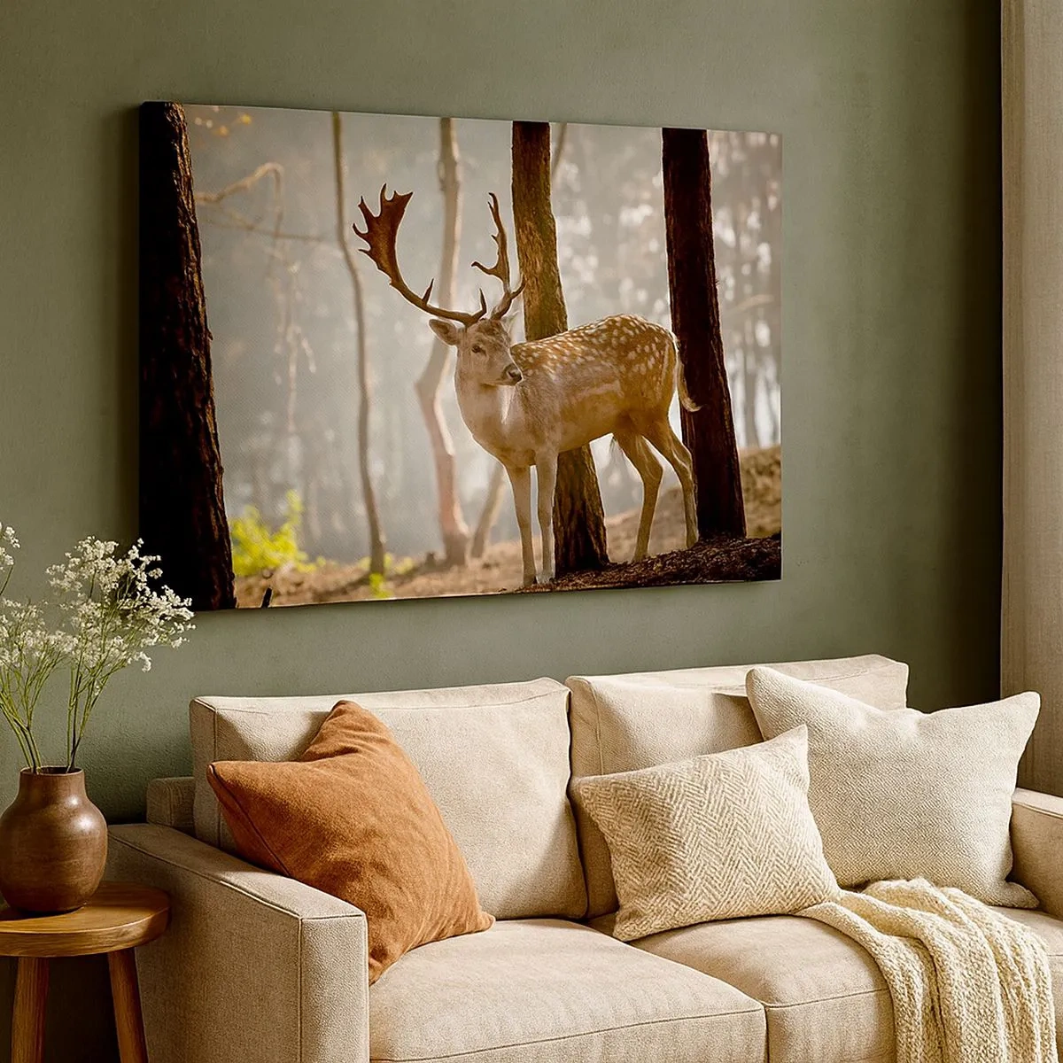 Tablou pe pânză Canvas - Cerbi în pădure în ceața dimineții - 70x50cm - Lumina tinereții - Decorațiune modernă pentru perete pentru living și dormitor ARTTOR