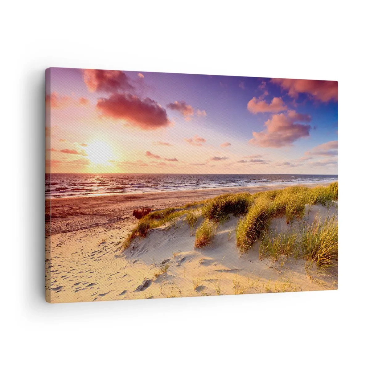 Tablou pe pânză Canvas - O plajă cu iarbă și un apus de soare peste o mare calmă - 70x50cm - Deja aerul de vară miroase - Decorațiune modernă pentru perete pentru living și dormitor ARTTOR