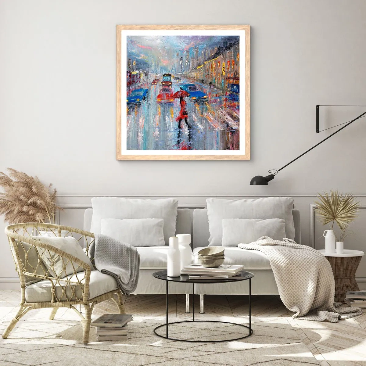 Poster în ramă de stejar deschis - O după-amiază ploioasă în oraș - 50x50 cm
