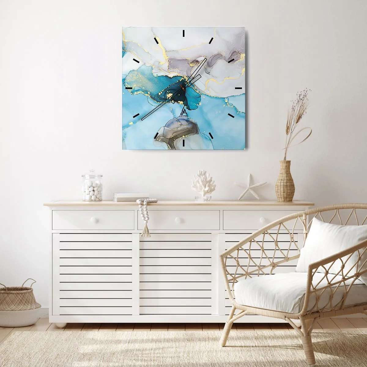 Ceas de perete - Ceas pe sticlă - Un studiu al întâlnirii dintre gri și turcoaz - 30x30 cm