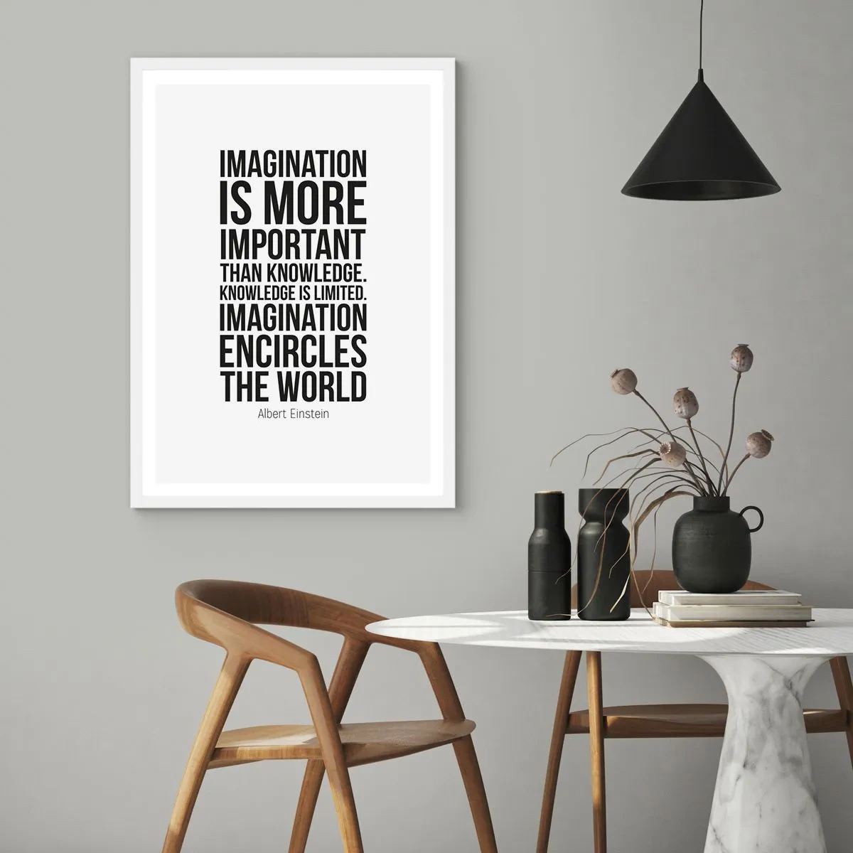 Poster în ramă albă - Einstein despre puterea imaginației - 30x40 cm