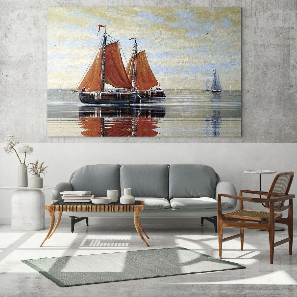 Tablou pe sticlă - Nave cu pânze pe o mare calmă la apus - 70x50cm - Hei, marinarule, navighează... - Decorațiune modernă pentru perete pentru living și dormitor ARTTOR