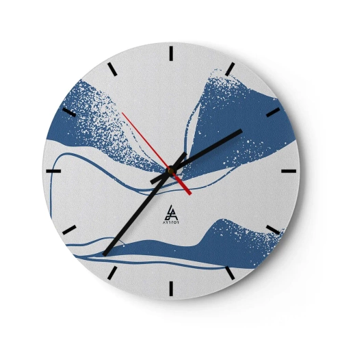 Ceas de perete - Ceas pe sticlă - Abstracție grafică cu aripi albastre pe fundal alb - 30x30cm - Abstracție înaripată - Decorațiune modernă pentru perete pentru living, bucătărie și dormitor ARTTOR