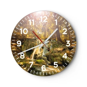 Ceas de perete - Ceas pe sticlă - Cascada de pădure în verde - 30x30 cm