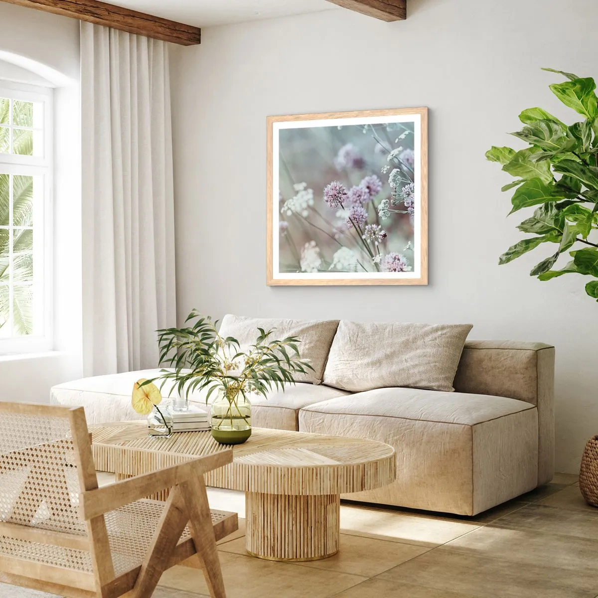 Poster în ramă de stejar deschis - Ierburi dulci filigranate - 40x40 cm