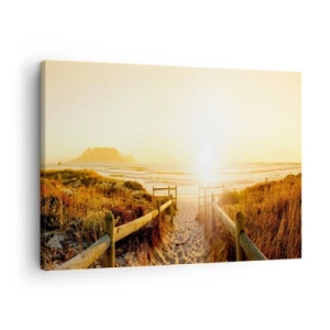 Tablou pe pânză Canvas - Calea spre plajă în timpul unui apus de soare auriu - 70x50cm - Prin dune spre soare - Decorațiune modernă pentru perete pentru living și dormitor ARTTOR