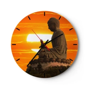 Ceas de perete - Ceas pe sticlă - O statuie a lui Buddha pe fundalul unui apus de soare intens în culori calde. - 30x30cm - Fără frică de lume - Decorațiune modernă pentru perete pentru living, bucătărie și dormitor ARTTOR